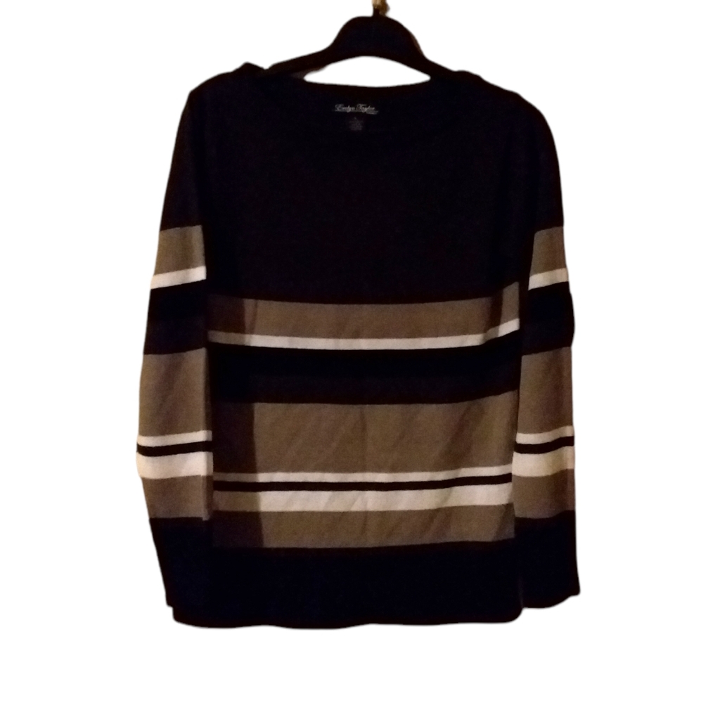 💥3/$30 EVELYN TAYLOR Ladies Brown Stripe Boatneck Sweater - EUC